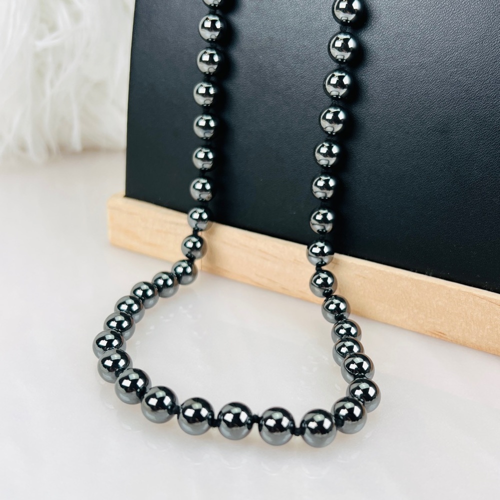 Gorgeous, gunmetal hematite, weighted double knot in between necklace